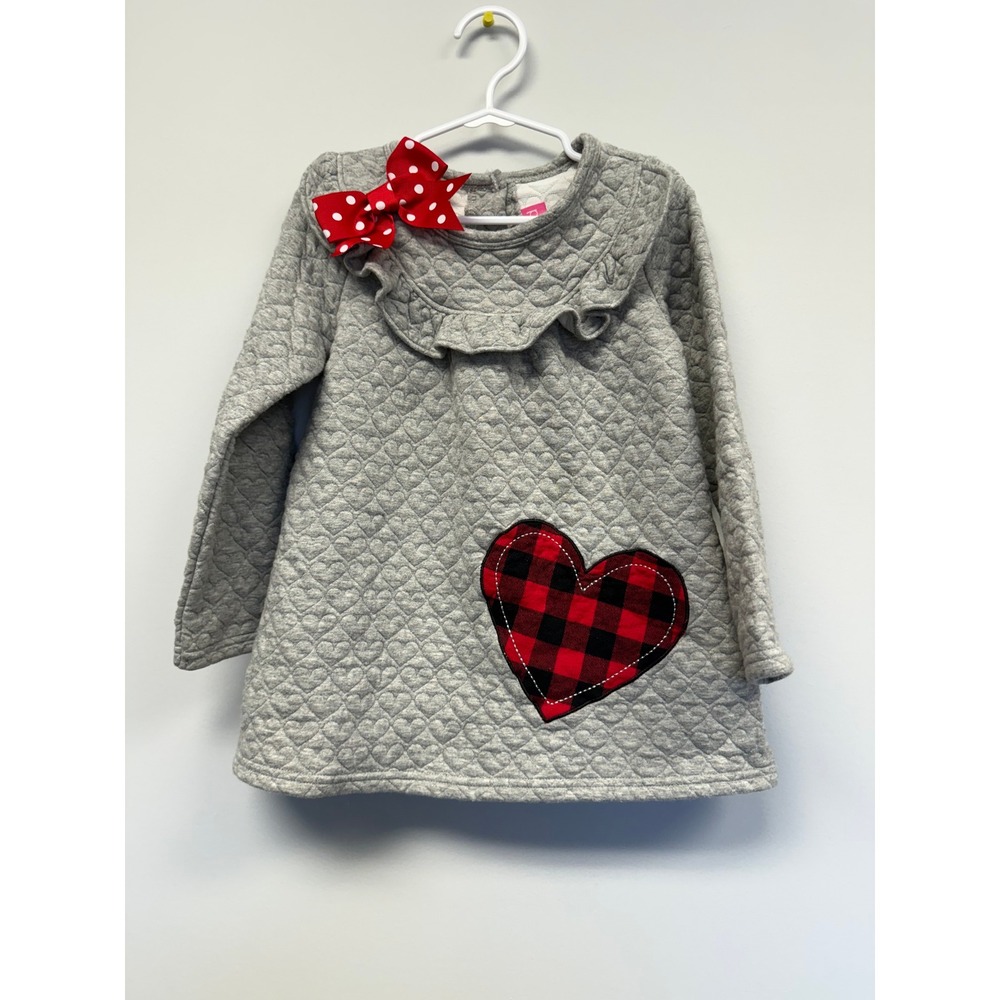 Good Lad Girls Grey Quilted Heart Dress Red Buffalo Plaid Heart Bow 5Y Holiday